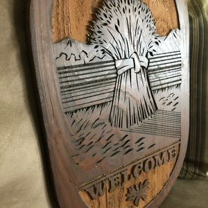 Vintage Hand Carved Wood Hanging, Farm/Country Welcome Sign